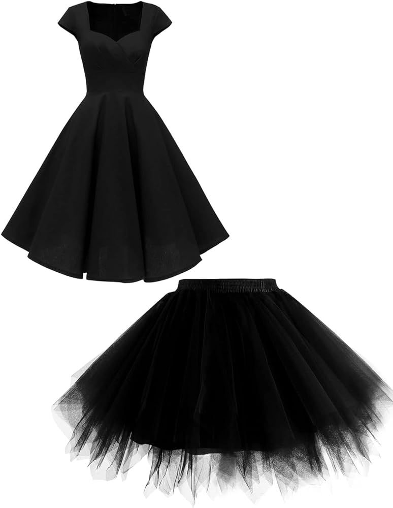 Hanpceirs Women's Cap Sleeve Vintage Dress Black M + 1950s Tutu Skirt Halloween Cosplay Christmas... | Amazon (US)