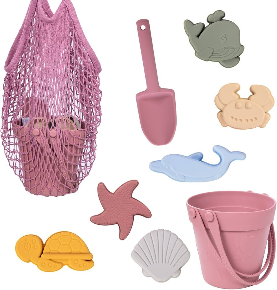 Garnome 9Pcs Silicone Beach Toys, Beach Toys with Sand Bucket, Shovel, 6 3D Marine Theme Molds an... | Amazon (US)