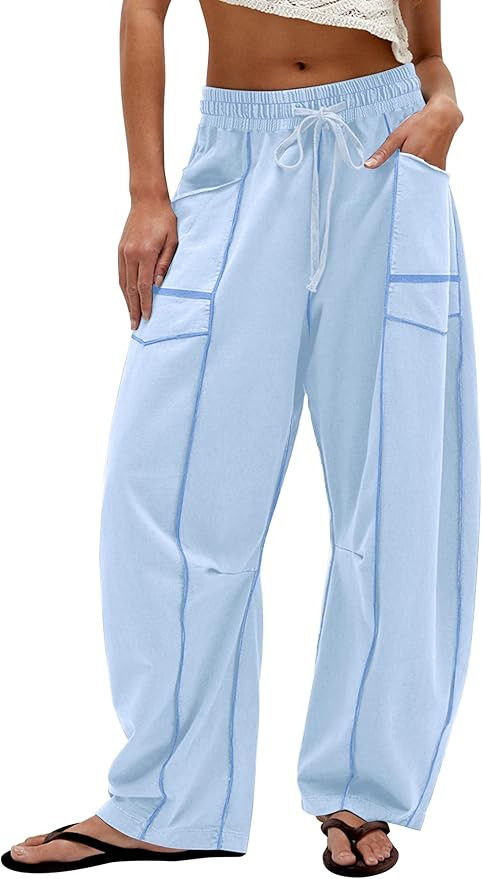 Wide Leg Barrel Sweatpants for Women Baggy Palazzo Pants Drawstring High Waist Color Block Lounge... | Amazon (US)