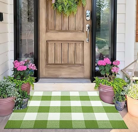 Layered Doormat 24''x35'' Green and White Buffalo Plaid Porch Mat Cotton Woven Washable Carpet fo... | Amazon (US)