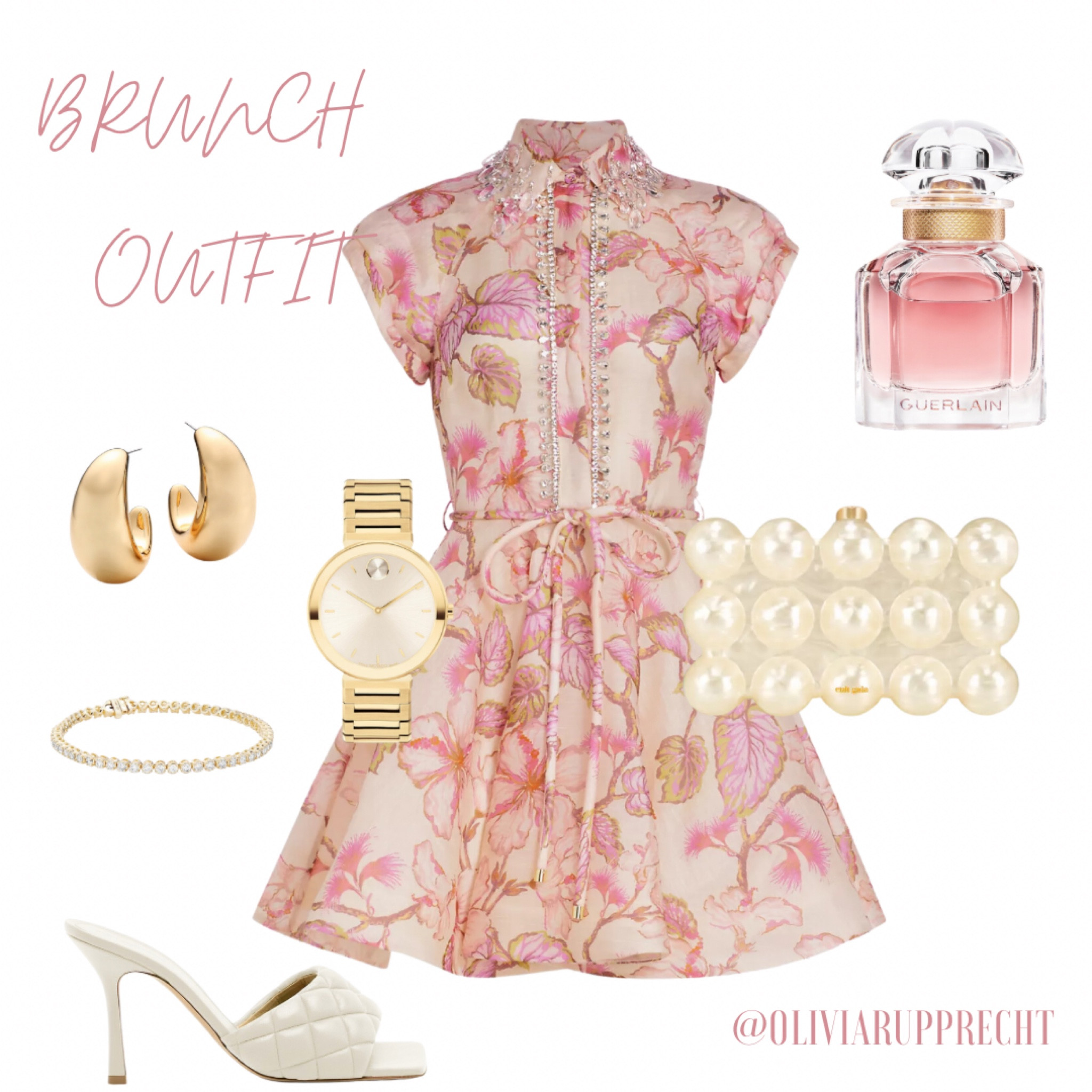 Brunch outfit | heels | perfume | bracelet | gold | earrings | watch | purse | clutch | dress | pink | cream | white | fashion | trend | style | 

#LTKstyletip #LTKitbag #LTKU