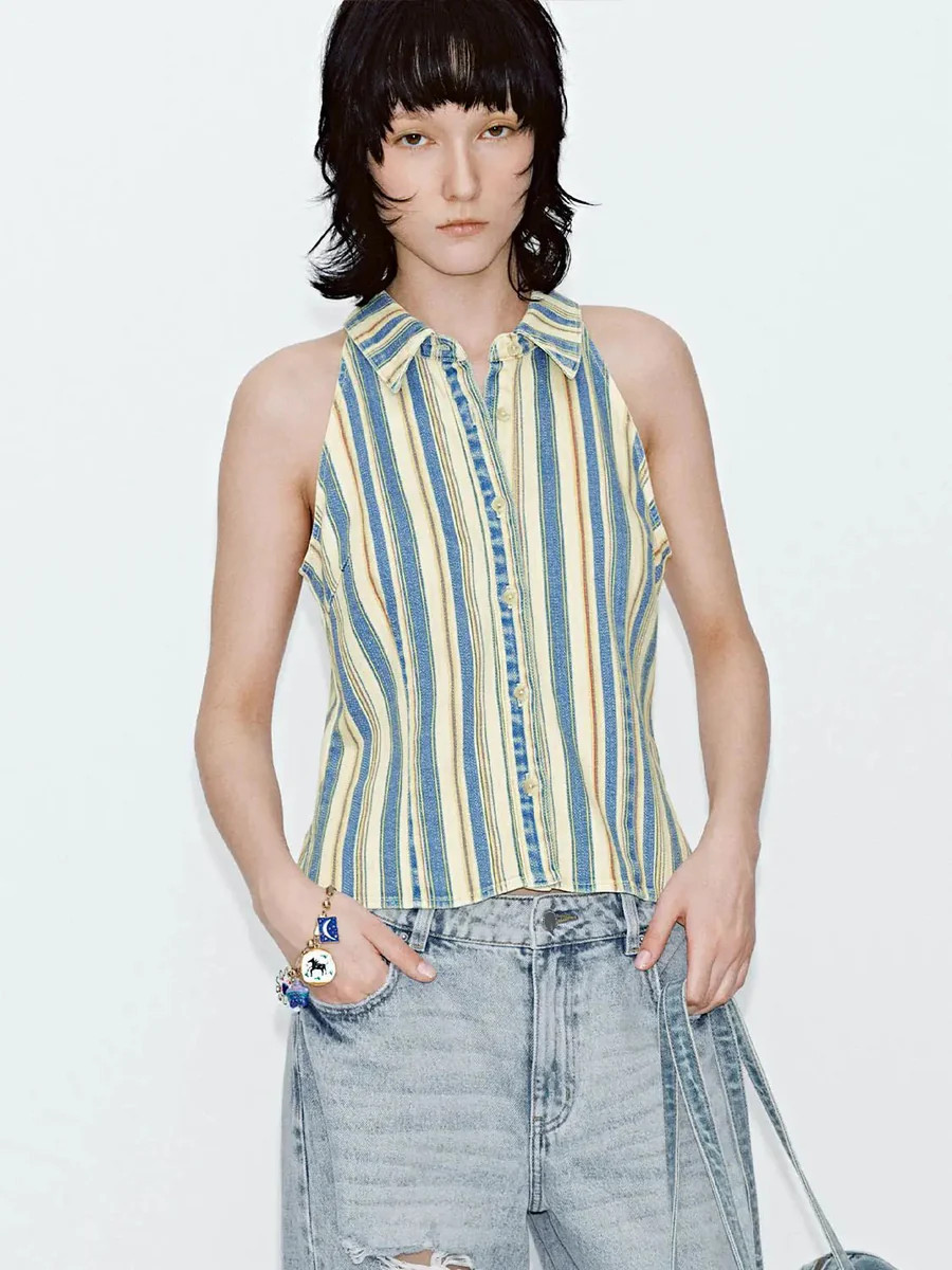 Contrast Striped Sleeveless Denim Shirts | Urban Revivo