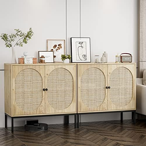 IKIFLY Set of 2 Accent Storage Cabinet with Handmade Natural Rattan Doors - Rattan Sideboard Buff... | Amazon (US)