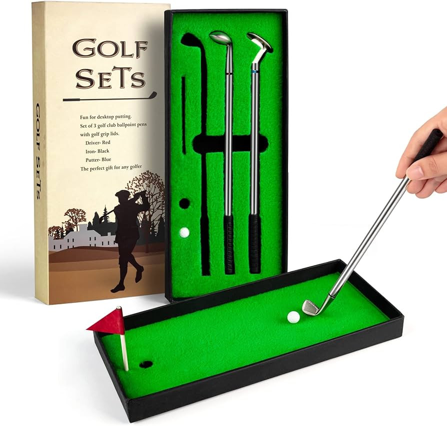 Juboury Mini Desktop Golf Pen Gift Set with Putting Green, Flag, 3 Golf Club Pens & 2 Balls | Amazon (US)