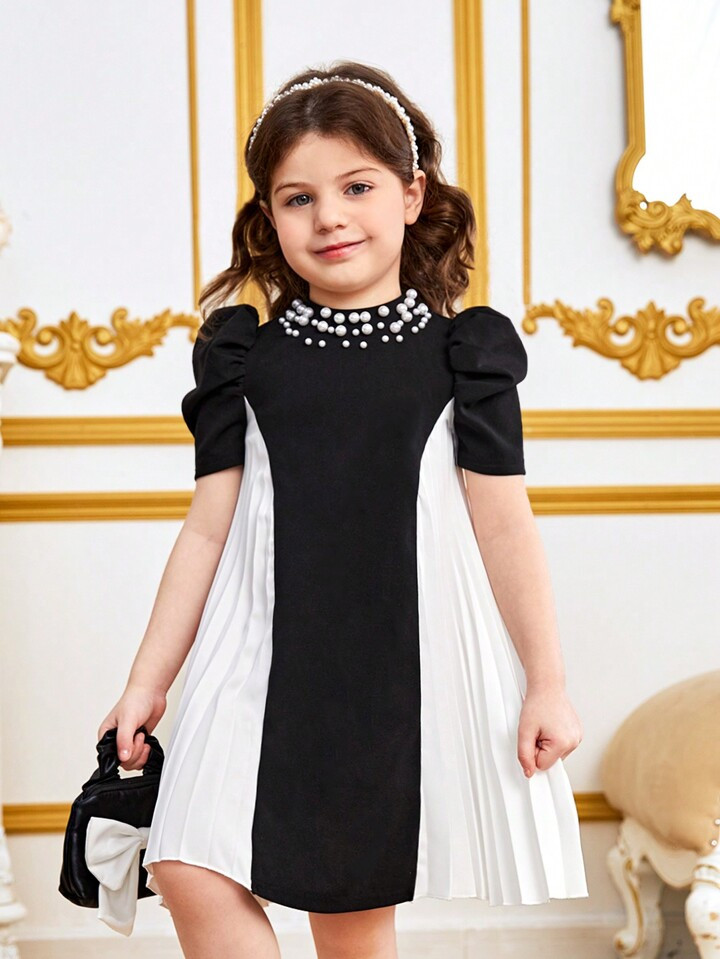 SHEIN Young Girl's Casual Short Sleeves Dress With Beaded Detail, Colorblocking & Pleat, A-Line | SHEIN