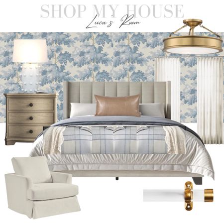 My sons plan for his big boy room 
#toddlerroom #boyroom #kids
Swivel rock chair, upholstered, tufted, headboard, three drawer, dresser, nightstand bubble lamp look for less gold, semi flush ceiling mount lighting, two pages drapery, acrylic and gold rod, plaid comforter, leather pillow 

#LTKstyletip #LTKkids #LTKhome