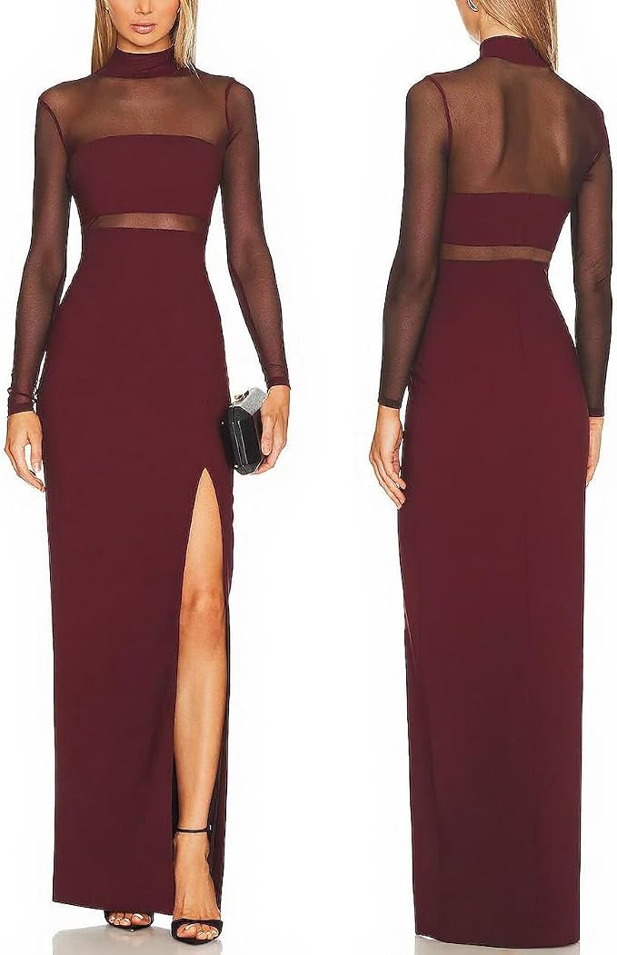Women Lace Mesh Long Sleeves Turtleneck Bodycon Maxi Dress with Side Slit | Sheer Mesh Sleeve Coc... | Amazon (US)