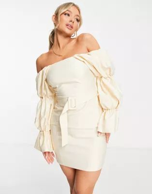 ASOS LUXE stretch linen belted extreme sleeve dress in stone | ASOS (Global)