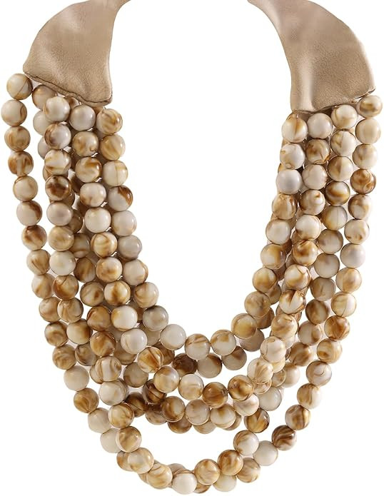 Multicolor Multi-Strand Resin Bead Choker Necklace with Vegan Leather Snap Clasp, Glamorous Faux ... | Amazon (US)
