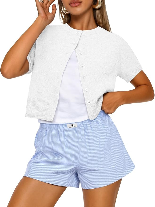 Trendy Queen Cropped Short Sleeve Cardigan Sweaters for Women Summer Lightweight Spring Outfits Y... | Amazon (US)