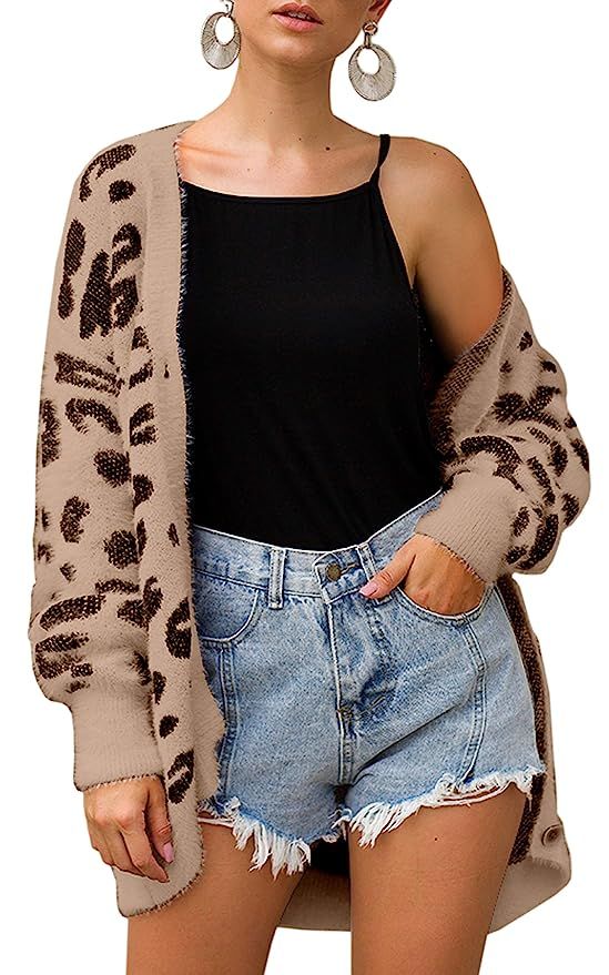 ECOWISH Women Long Sleeve Open Front Leopard Cardigan Casual Knitted Sweater Loose Button Down Co... | Amazon (US)