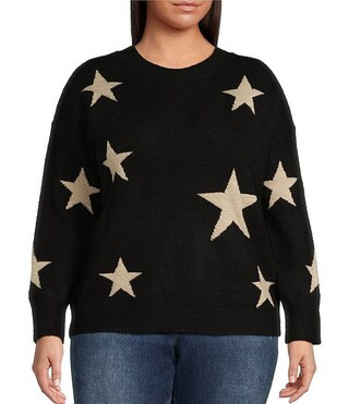 Plus Size Long Sleeve Lurex Star Pattern Wool-Blend Sweater | Dillard's
