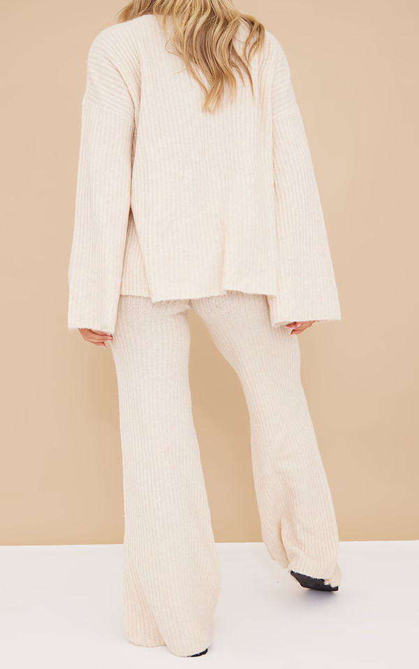 Oatmeal Luxe Rib Knit Wide Leg Pants | PrettyLittleThing US