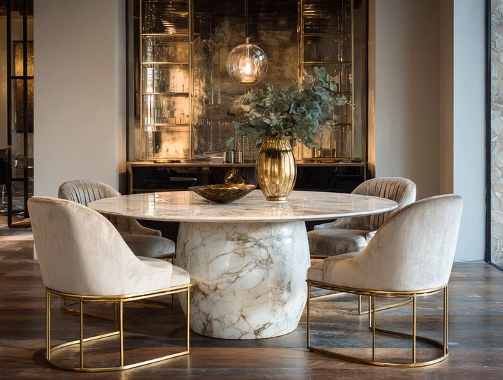 A true statement piece that never goes out of style. This sculptural marble dining table, paired with luxurious velvet chairs and warm gold accents, defines timeless elegance. The combination feels elevated yet effortless, blending beautifully with wooden floors and working seamlessly across design styles — from modern and contemporary to hotel-luxe and classic interiors. A dining setup designed to age gracefully and always feel relevant.

#TimelessLuxury
#MarbleDiningTable
#VelvetDiningChairs
#GoldAccents
#LuxuryDining
#HotelLuxe
#ModernClassic
#InteriorInspiration
#ElegantInteriors
#HighEndDesign
#DiningRoomGoals
#ShopTheLook 

 #LTKHome