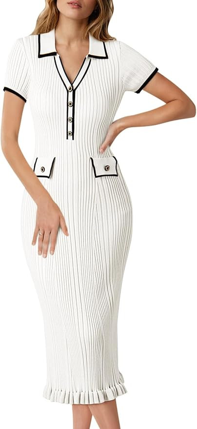 Pink Queen Women's Elegant Bodycon Dress 2026 Short Sleeve V Neck Half Button Cocktail Party Ribb... | Amazon (US)