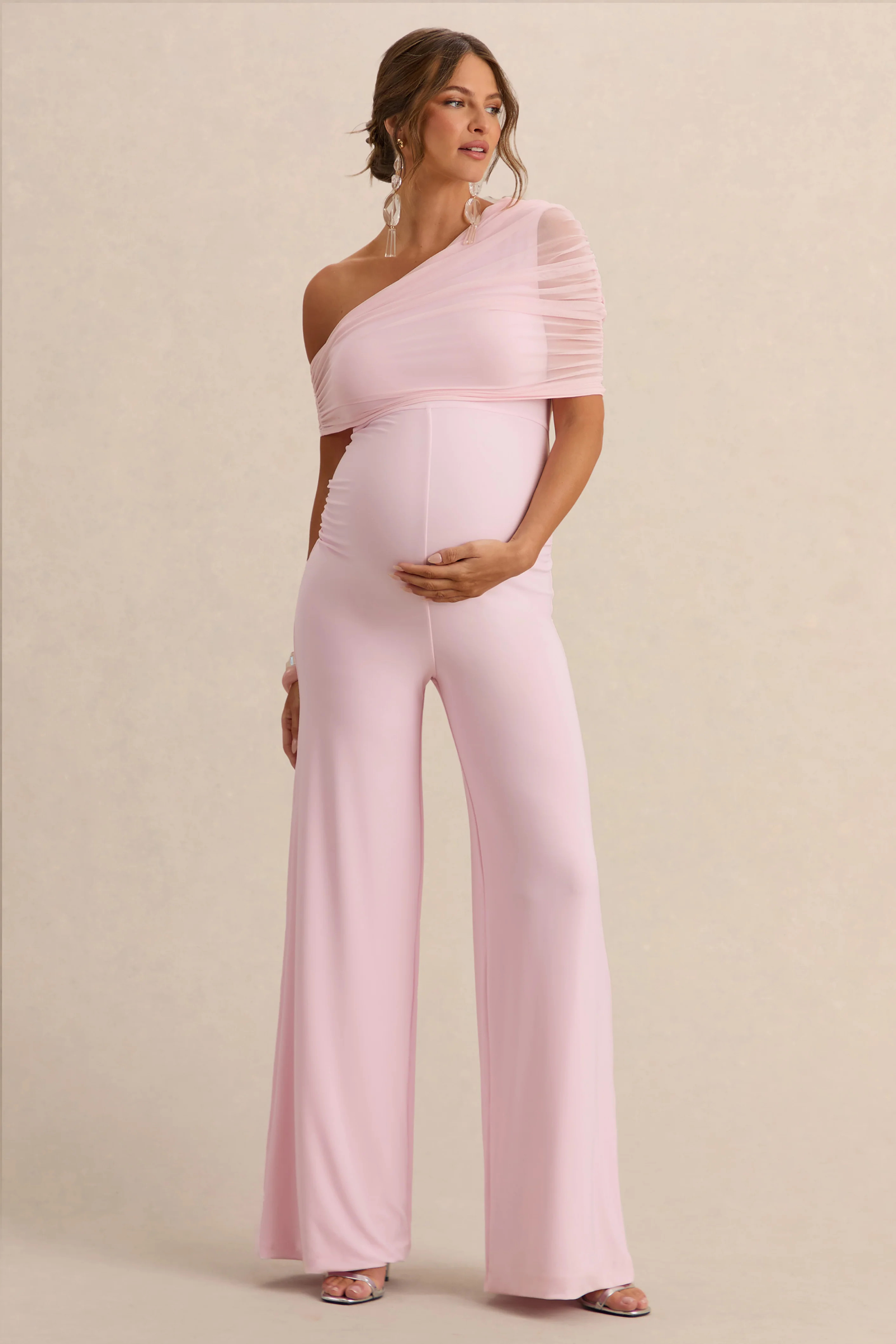 Mariska | Light Pink Asymmetric-Neck Maternity Jumpsuit With Sash Detail | Club L London