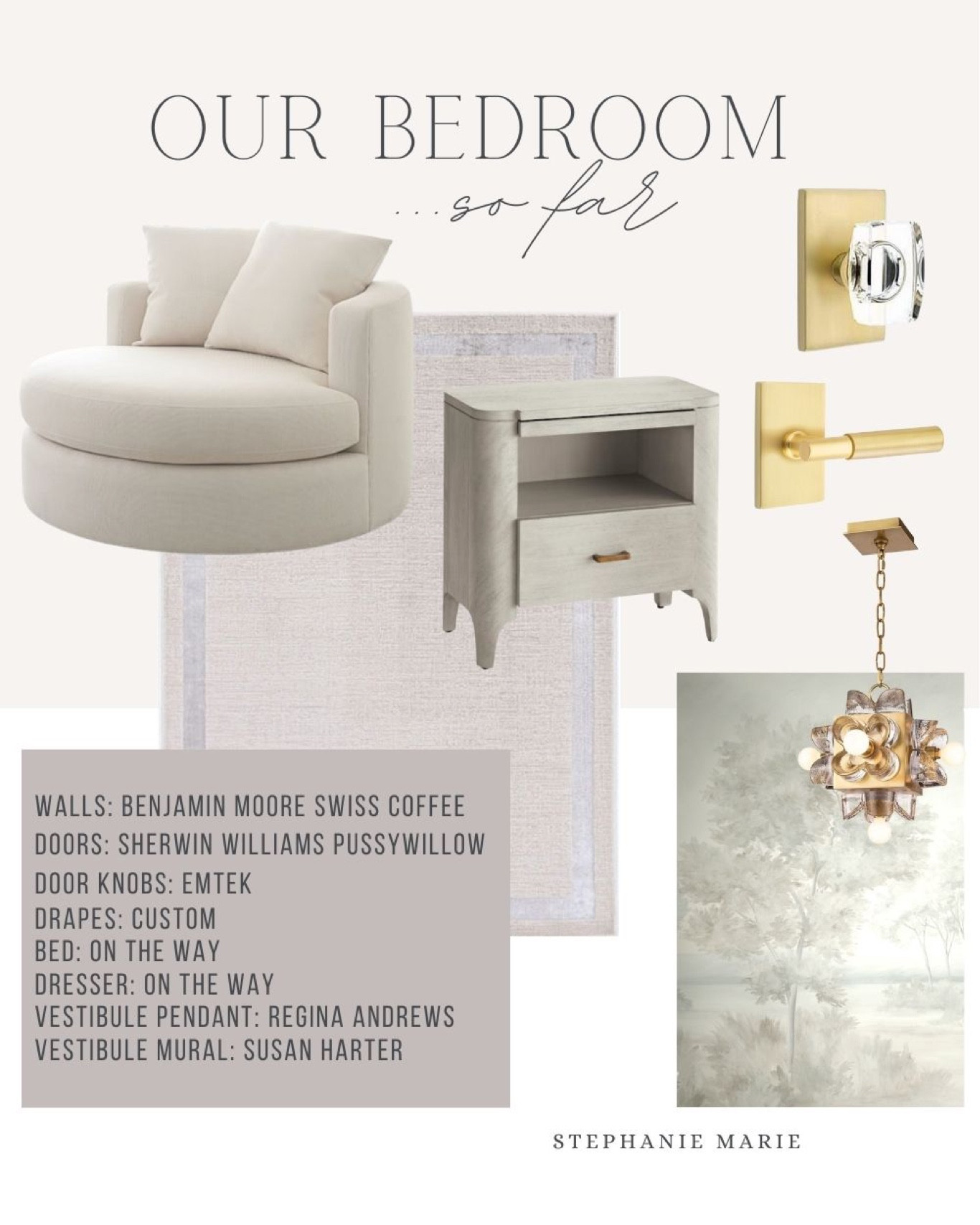 Bedroom decor, spa bedroom, gold knobs, mural, Susan Harter mural, pottery barn balboa, frontgate nightstand, bedroom rug, Emtek doorknob 

#LTKhome