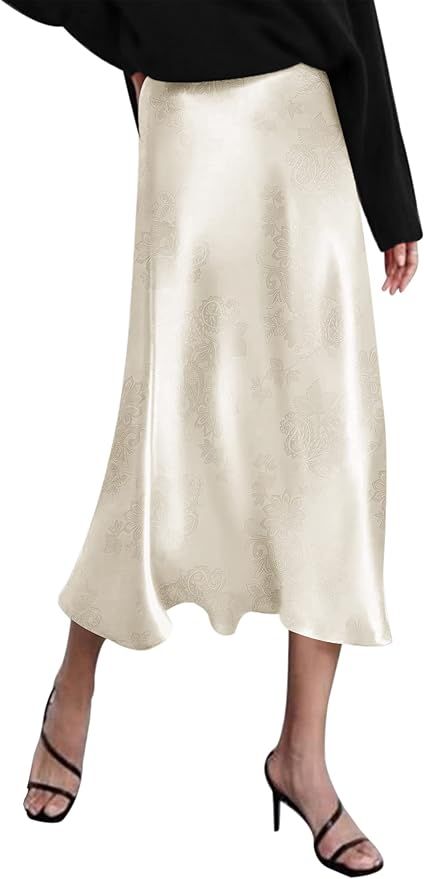 Zeagoo Womens Satin Skirts Casual Silk Midi Skirt High Waisted Long Skirts Zipper Elegant Work Sk... | Amazon (US)