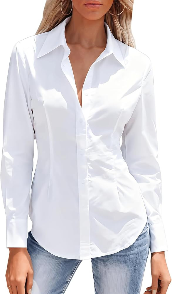 Mutitop Button Down Shirts for Women Long Sleeve Dress Shirts Wrinkle Free Collared Work Office S... | Amazon (US)