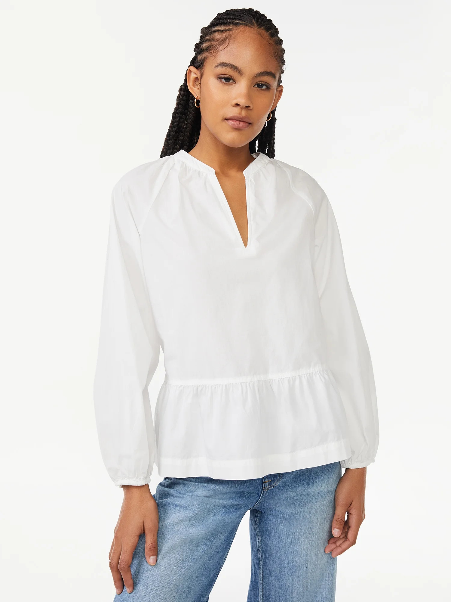 Free Assembly Women's V-Neck Peplum Top with Long Sleeves - Walmart.com | Walmart (US)