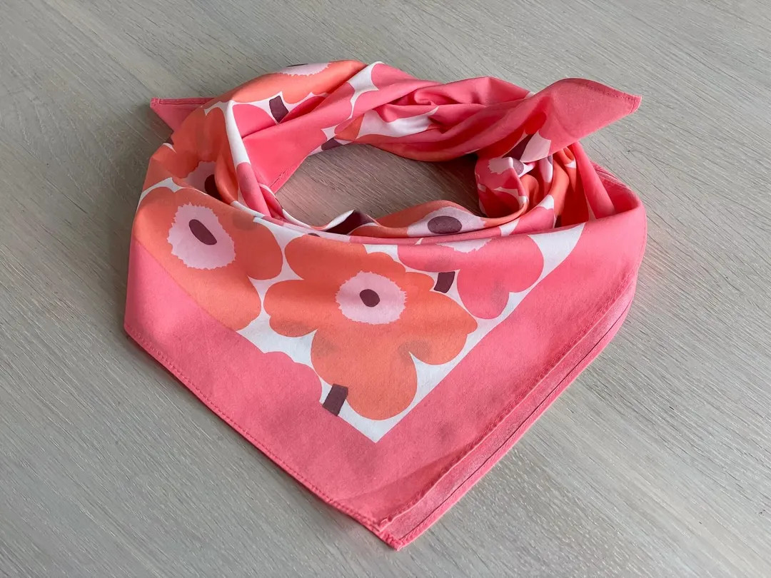 Marimekko Unikko Scarf Pink Orange Floral Cotton Bandana, Scandinavian Design flower scarf | Etsy (US)