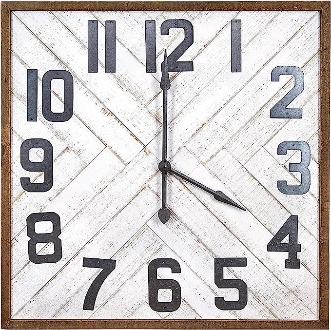 Creative Co-op Square Herringbone Inlay Stained Wood Wall Clock, 36", White | Amazon (US)