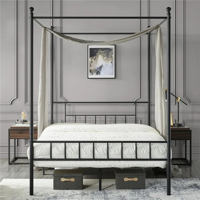 Renwick Juno Metal Canopy Frame Four Poster Bed with Headboard and Footboard, Black, Queen | Walmart (US)