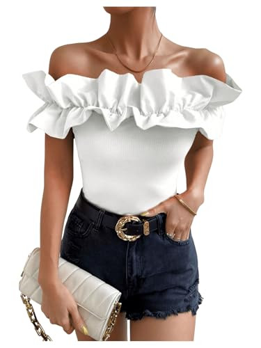 OYOANGLE Women's Ruffle Trim Off Shoulder Short Sleeve Blouse Party Tops Shirt | Amazon (US)