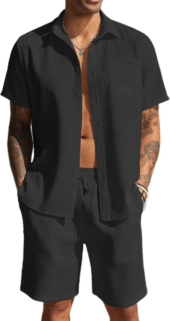 COOFANDY Men 2 Piece Waffle Set Casual Short Sleeve Shirt and Short Summer Beach Set | Amazon (US)