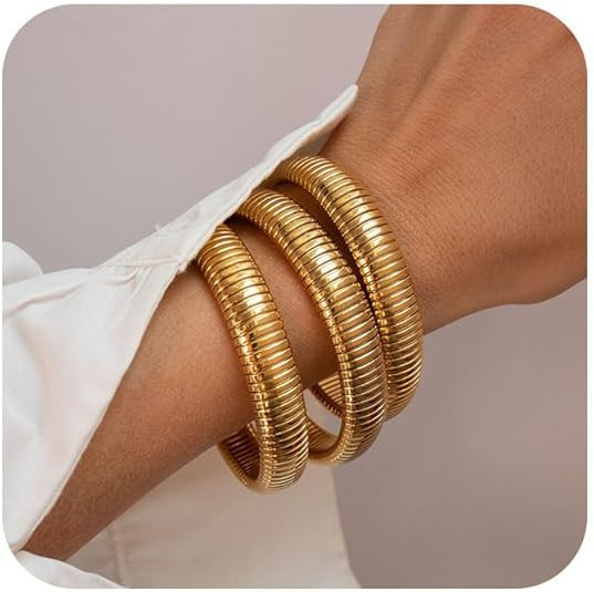 Gold Bangles for Women Set of 3 Chunky Stretch Bangles Bracelets 24K Gold Plated Stainless Steel ... | Amazon (US)