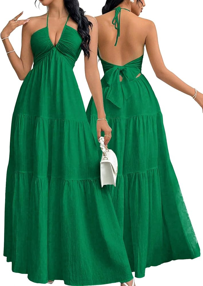 Narecte Women's Maxi Summer Dresses Halter V Neck Beach Dresses for Women A-Line Casual Dress for... | Amazon (US)