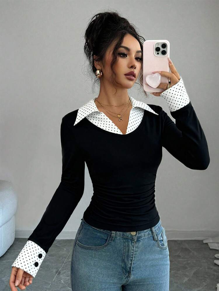 Elenzga Women's Elegant Casual Black & White Polka Dot Layered Long Sleeve Shirt, Y2K Retro Fashion Top, Suitable For Casual, Party, Spring/Autumn Formal Occasions, Versatile Shirt, Durable Material, Fit For Women's Gatherings, Dates, Work Commute, Daily Wear In Autumn/Winter, Suitable For Halloween, Christmas, Saudi National Day, New Year Party, Graduation Ceremony, Cosplay | SHEIN
