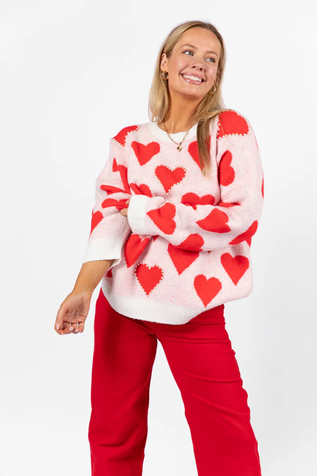 Falling For You Ivory and Red Oversized Pearl Embellished Heart Sweater FINAL SALE | Pink Lily