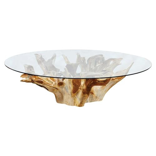 Birk Coastal Beach Glass Top Natural Teak Base Round Coffee Table | Kathy Kuo Home
