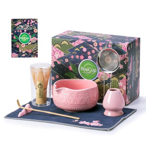 Buucup Matcha Whisk Set, Ceramic Matcha Set Includes Matcha Bowl, Matcha Whisk and Holder, Bamboo Scoop, Scoop Rest, Sifter and Tea Towel - 7 Pcs Matcha Kit for Matcha Lovers (Pink) | Amazon (US)
