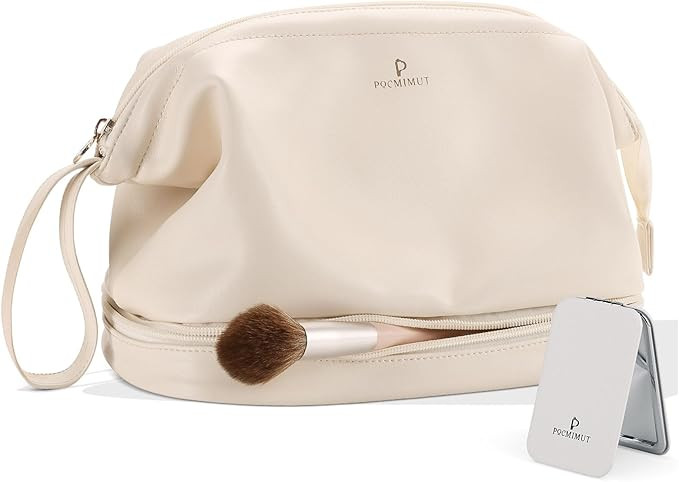 Pocmimut Makeup Bag, Leather Make Up Bag Travel Cosmetic Bags for Women, Large Wide-open Makeup B... | Amazon (US)