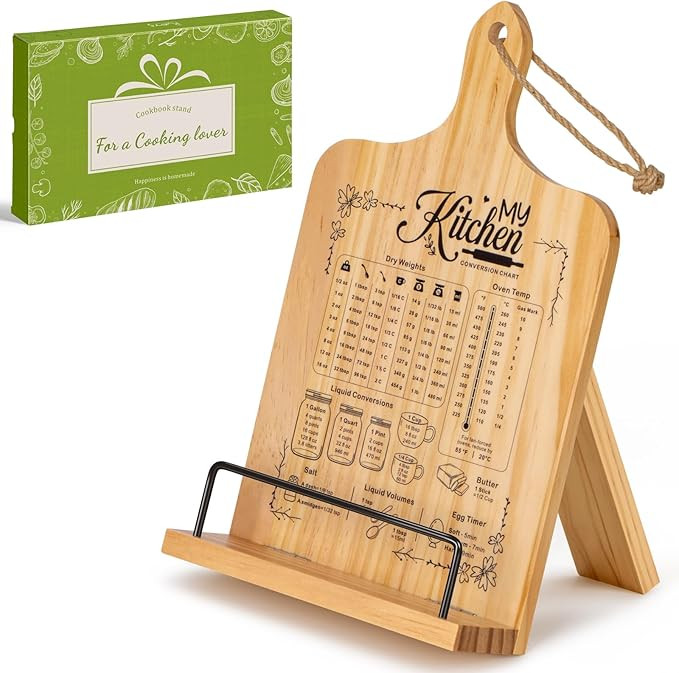 PUERSI Cook Book Stand for Kitchen Counter, Wooden Recipe Book Holder with Measurement Conversion... | Amazon (US)