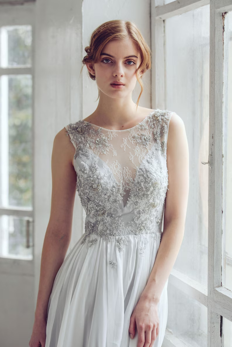 Silver Gray Wedding Dress // Lobelia New/ Silk Wedding Gown - Etsy | Etsy (US)