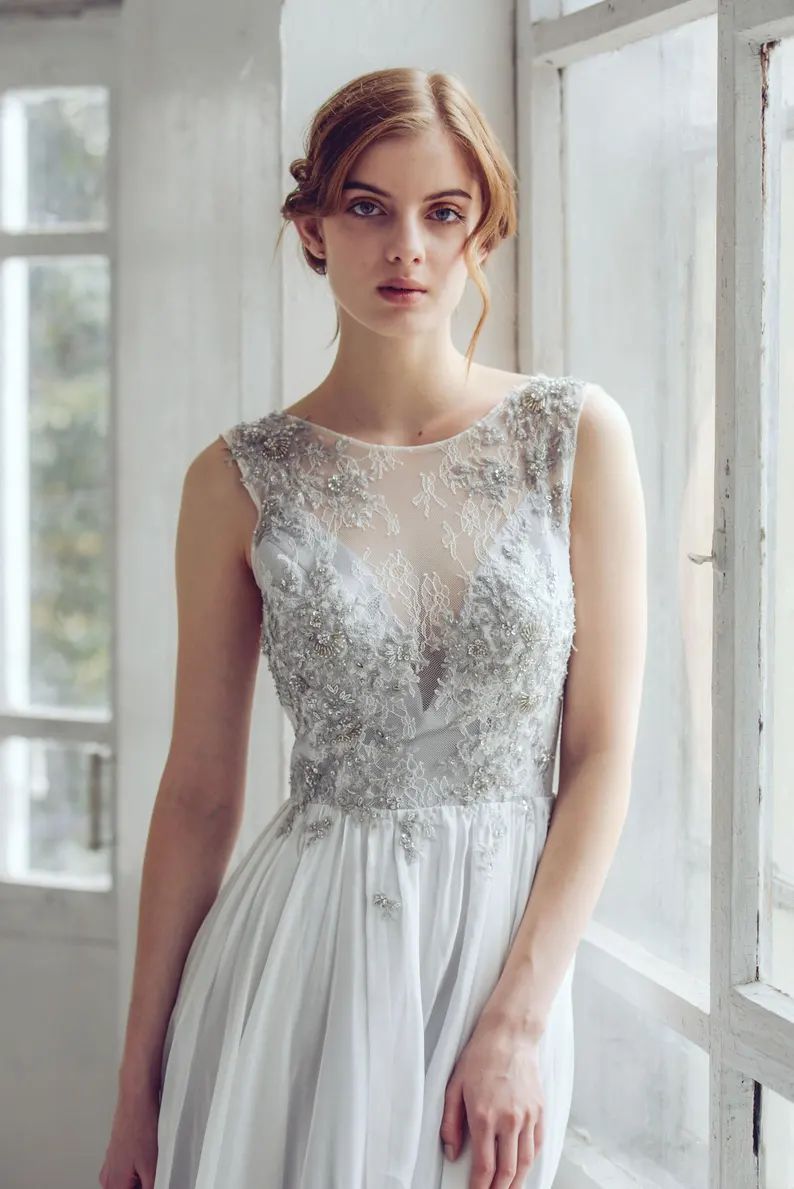 Silver Gray Wedding Dress // Lobelia New/ Silk Wedding Gown - Etsy | Etsy (US)