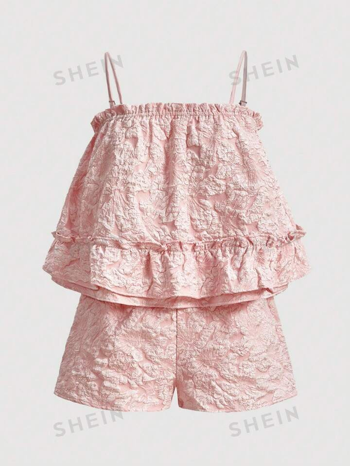 SHEIN MOD Jacquard Ruffle Hem Cami Top & Shorts | SHEIN