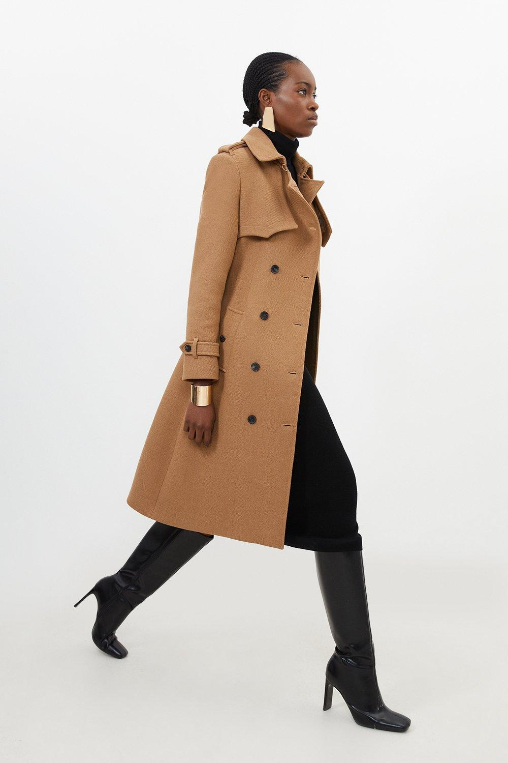 Italian Manteco Wool Blend Tailored Storm Flap Detail Belted Trench Coat | Karen Millen US