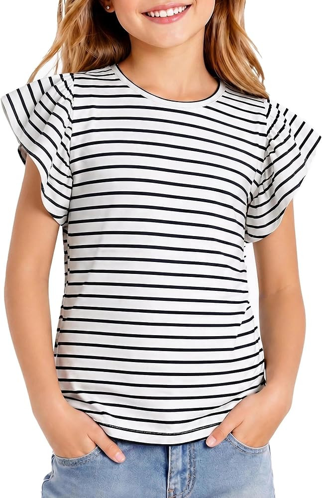 Girls' Summer Shirts Cute Tops Ruffle Sleeve Crew Neck Casual Tees | Amazon (US)
