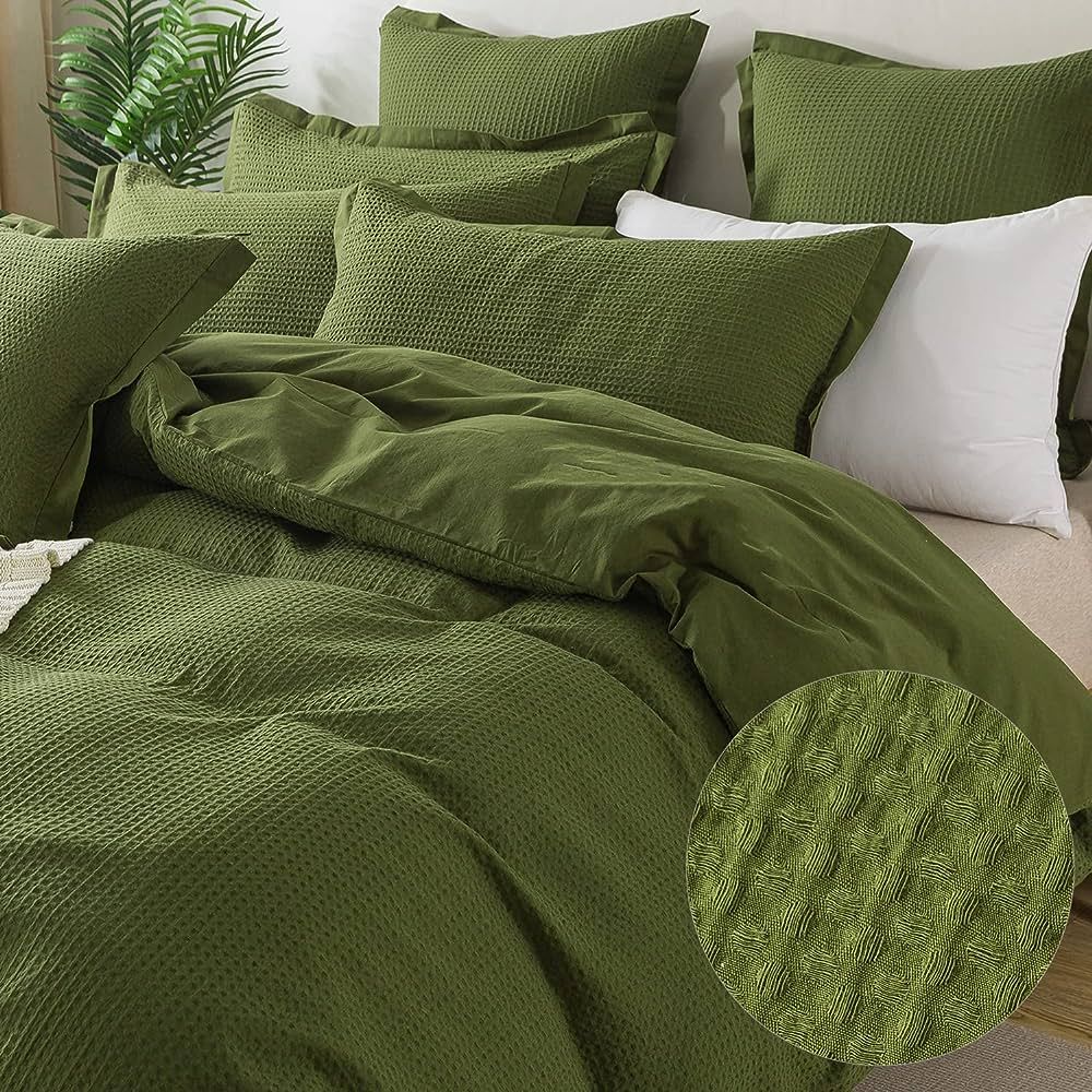 FADFAY Dark Green Duvet Cover Set Queen Size Waffle Weave Knit Reversible 100% Washed Cotton Sage... | Amazon (US)