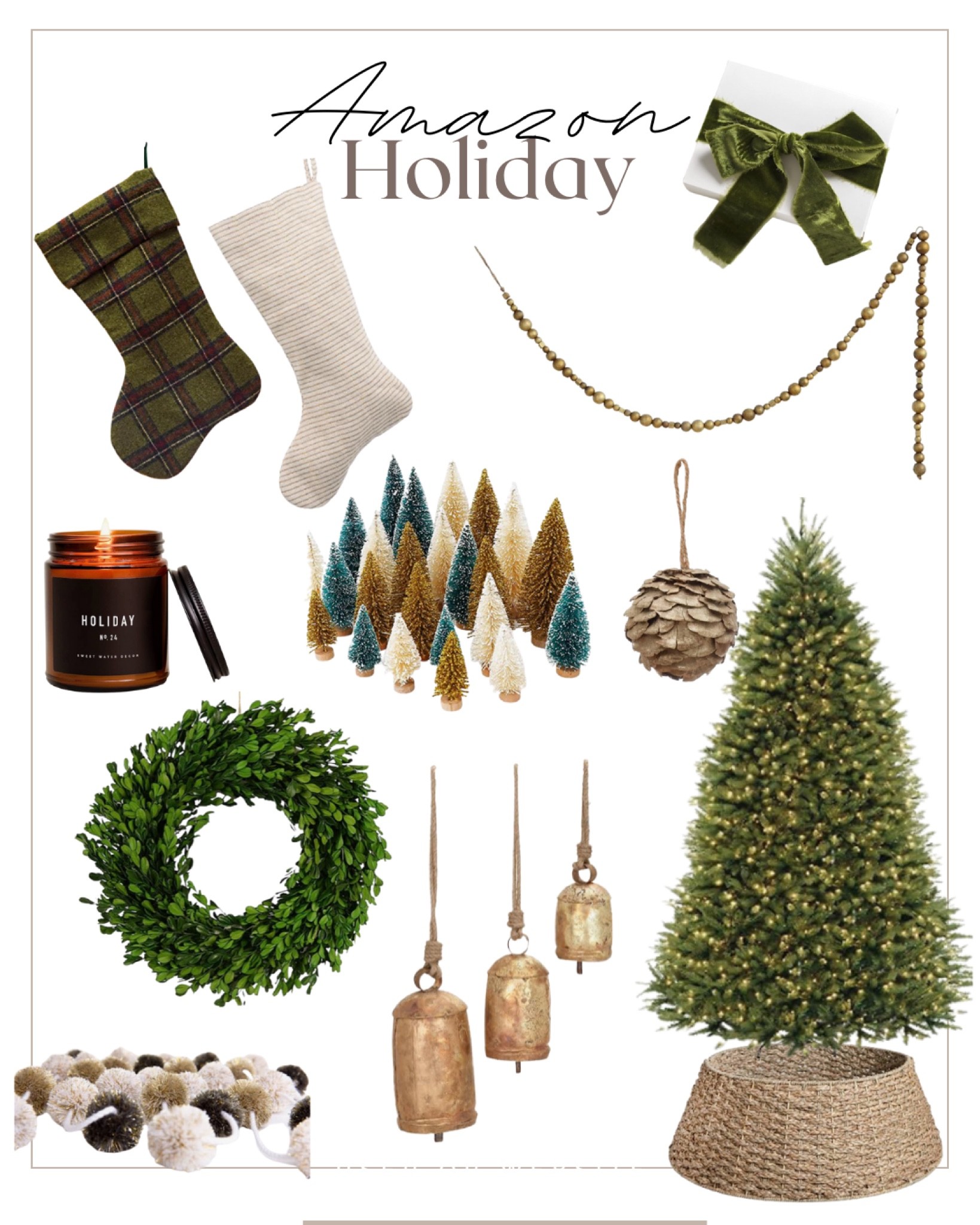 Amazon holiday home. Prelit tree. Pine one ornament. Bottlebrush trees. Brass bells. Plaid and striped stockings. Felt garland. Wood bead garland. Velvet ribbon  

#LTKHoliday #LTKhome #LTKSeasonal