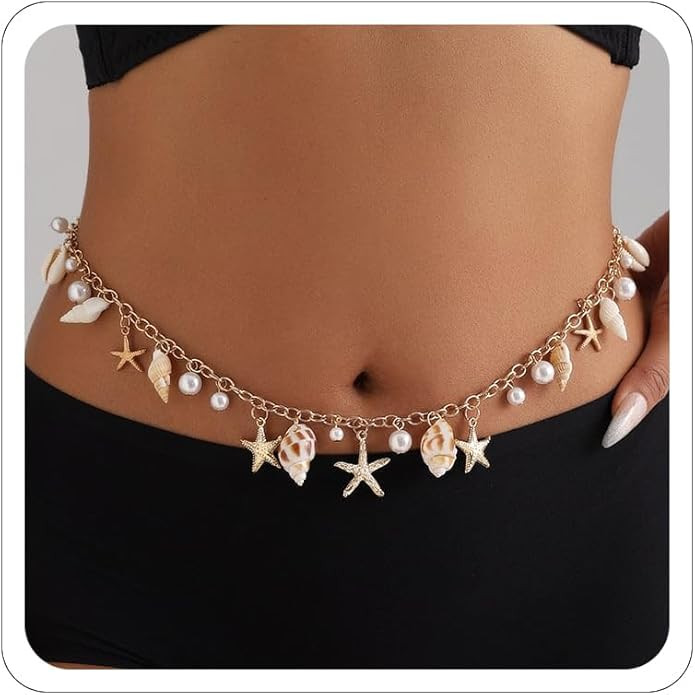 Gold Pearl Waist Chains Seashell Starfish Chains for Women Bobh Sea Shell Beach Body Chain Mermai... | Amazon (US)