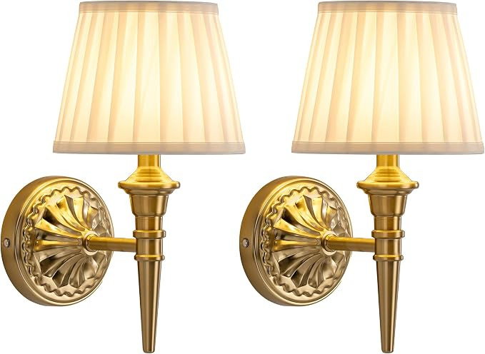 KDG Cordless Gold Wall Sconces Set of 2, Beige Fabric Lampshde Wall Lamps | Small LED Wireless Po... | Amazon (US)