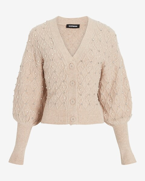 Embellished V-neck Balloon Sleeve Cardigan | Express