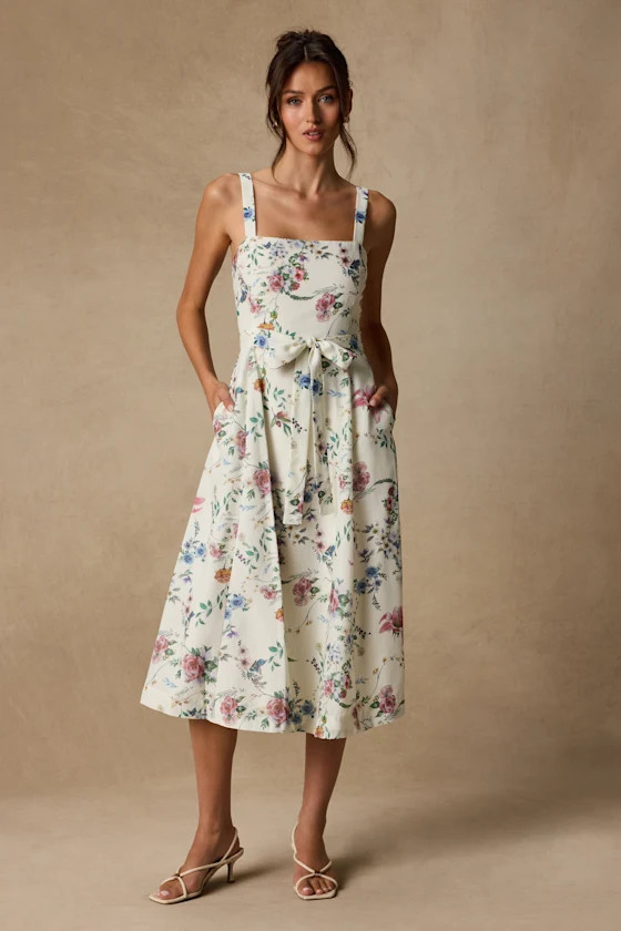 Sunny Posture Ivory Floral Sleeveless Midi Dress | Lulus
