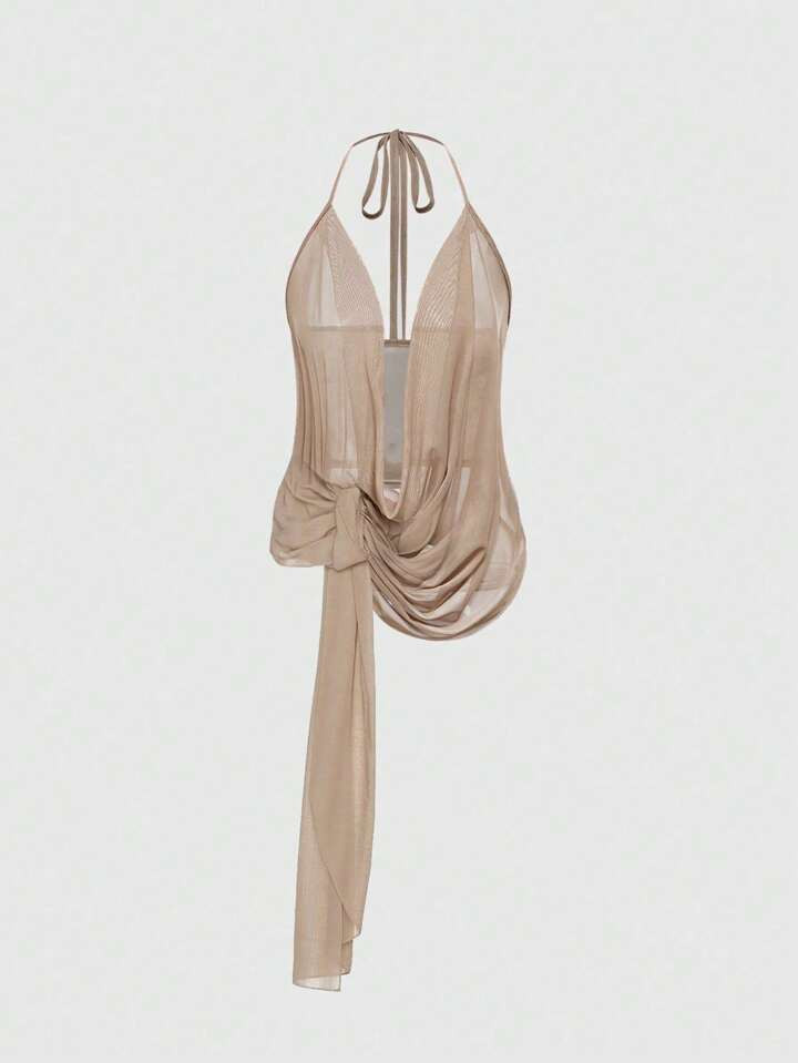 ROMWE Avant Music Festival Chic Sexy Plunging Neckline Backless Halter Sheer Vest For Women | SHEIN