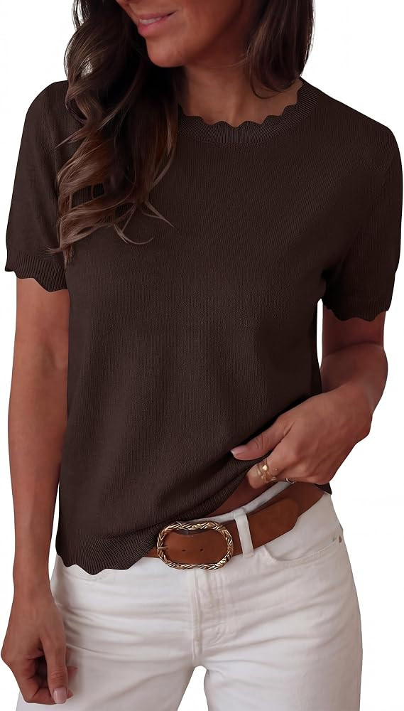 ANRABESS Womens Short Sleeve Sweater Summer Sweaters Top Dressy Scalloped Loose Business Casual V... | Amazon (US)